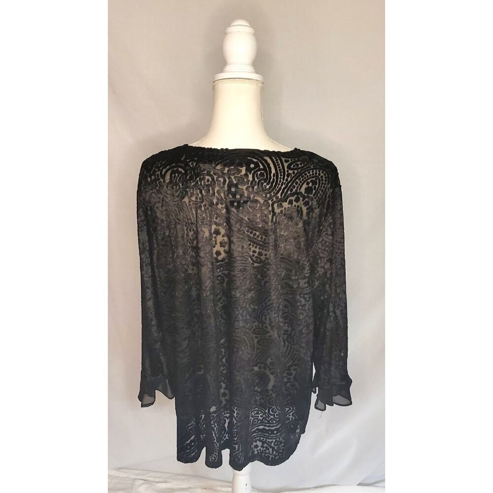 Jara Black Burnout Velvet Floral Cardigan Size 1XL 3/4 Flutter Sleeve Romantic - Picture 5 of 10
